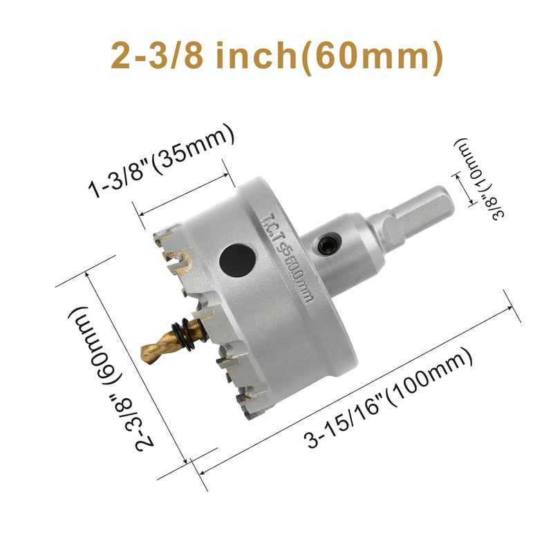 dashap 2-3/8''(60mm) TCT Hole Saw Kit,Tungsten Carbide Hole Saw Drill Bit with Titanium-Plated Pilot Drill bit for Hard Metal,Alloy,Aluminum,Stainless Steel,Plastic,Iron - Image 2